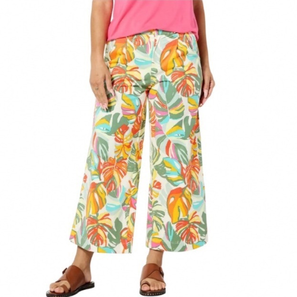IMAN Womens Tropical Monstera Leaf Print Wide Leg Crop Pants Multi-Color Size 10